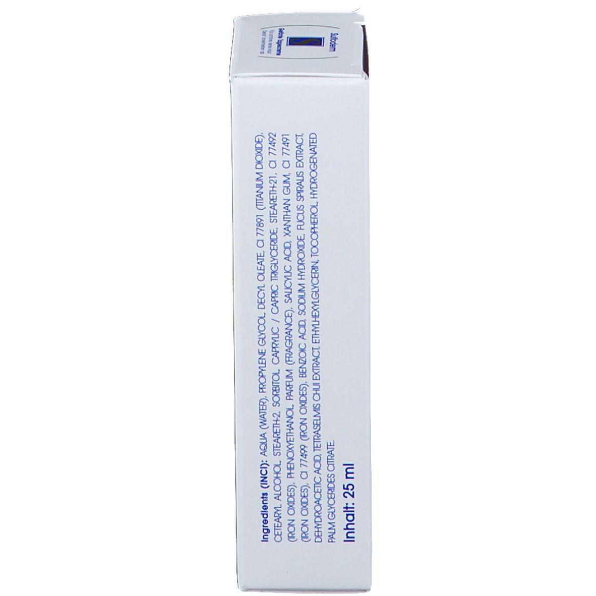 Achterkant van de doos. Ingrediënten, inhoud 25 ml. Fabrikantinformatie.