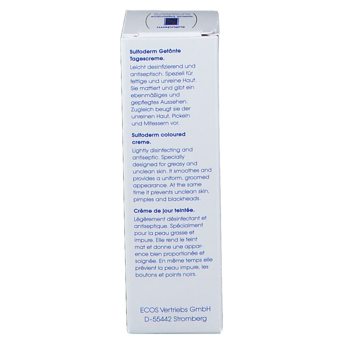 Zijkant van de doos. Tekst: Sulfoderm getinte dagcrème. Beschrijving, inhoud 25 ml, fabrikant.