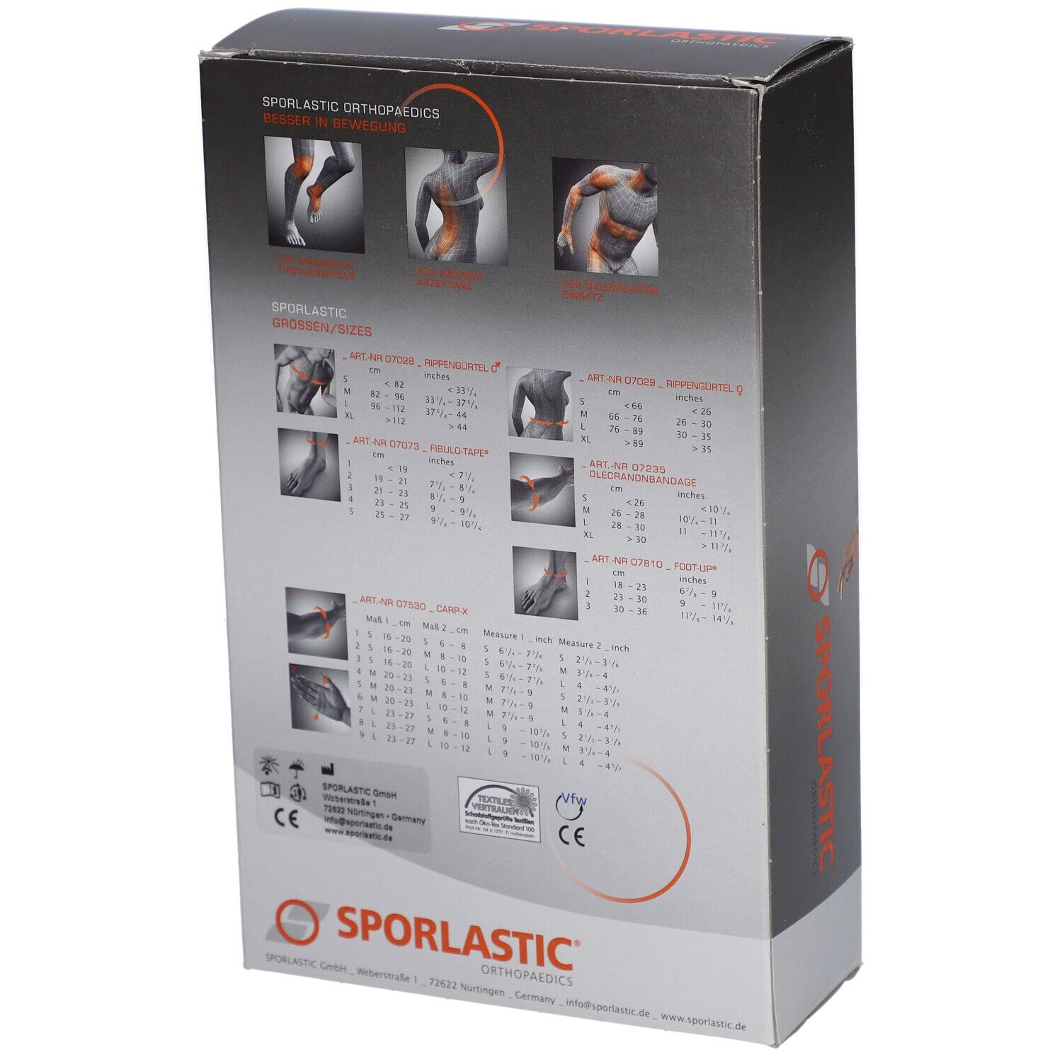 Achterkant van de verpakking met productafbeeldingen en maattabellen. Sporlastic-logo en CE-markering.