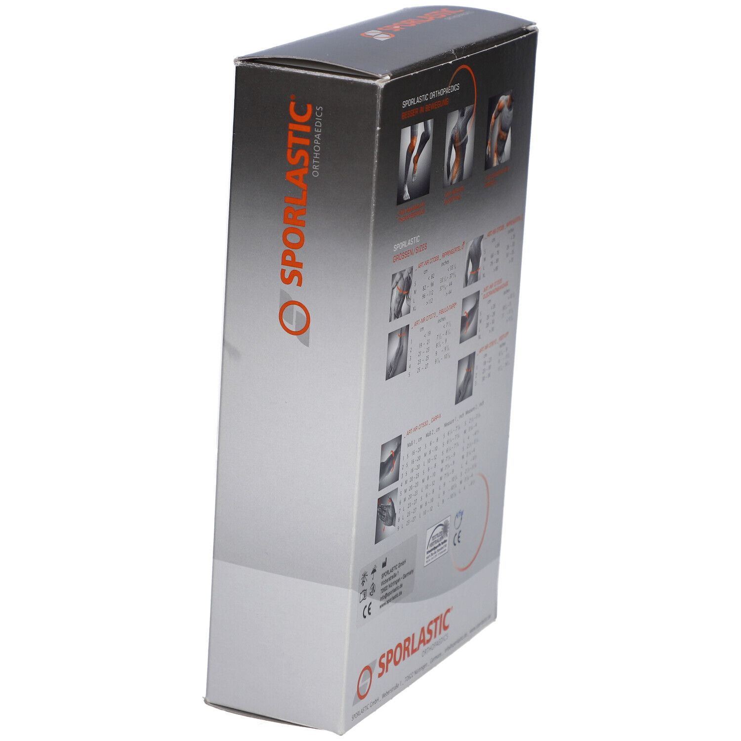 Schuin geplaatste verpakking met productafbeeldingen en maattabellen. Sporlastic-logo.