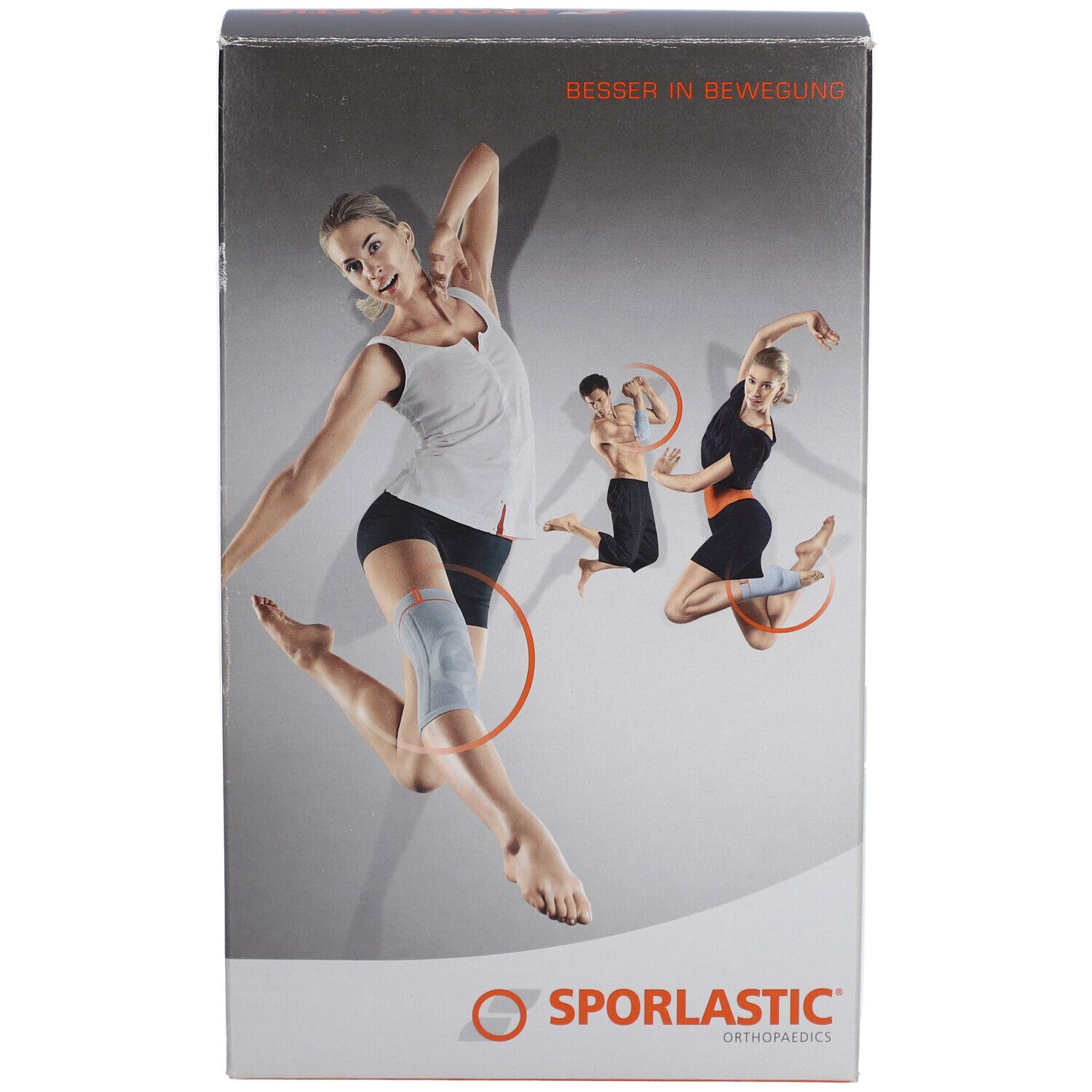 Verpakking met Sporlastic-logo en afbeeldingen van mensen in beweging. Opschrift: Besser in Bewegung.