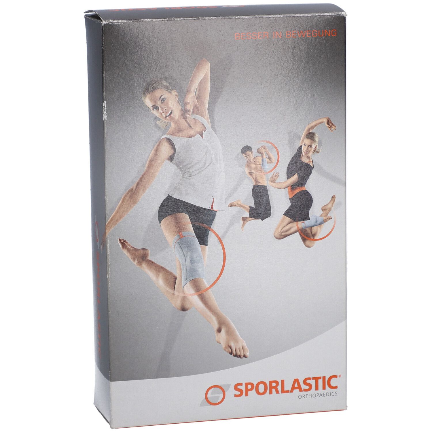Verpakking met Sporlastic-logo en afbeeldingen van mensen in beweging. Opschrift: Besser in Bewegung.