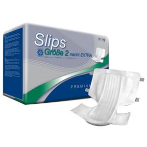 Verpakking met Slips maat 2 nacht EXTRA. Losse slip ernaast. Premium kwaliteit. Blauwe, groene en witte kleuren.