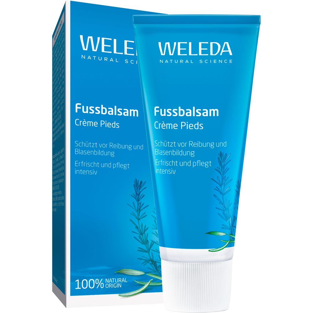 Tube bleu et blanc "Weleda Fußbalsam". Texte : "Erfrischt müde Füße. Pflegt intensiv". Logo et texte "Weleda".