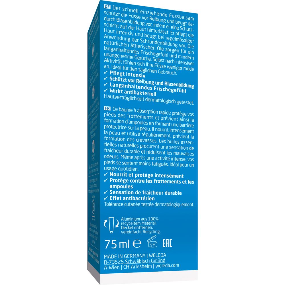 Tube bleu "Weleda Fußbalsam". Texte : "Erfrischt müde Füße. Pflegt intensiv". Logo et texte "Weleda".