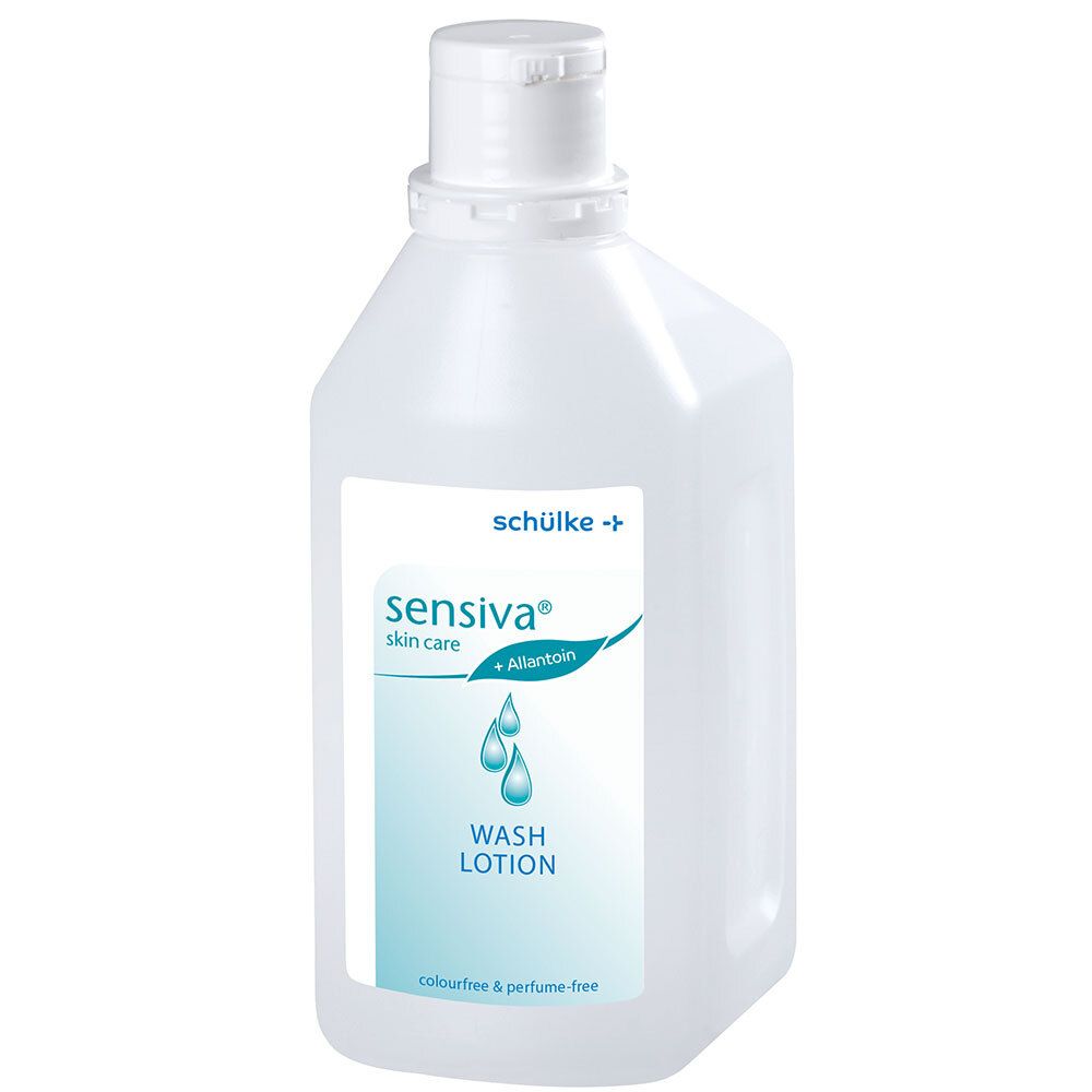 Flacon blanc avec étiquette. L'étiquette indique "sensiva skin care" et "Waschlotion".