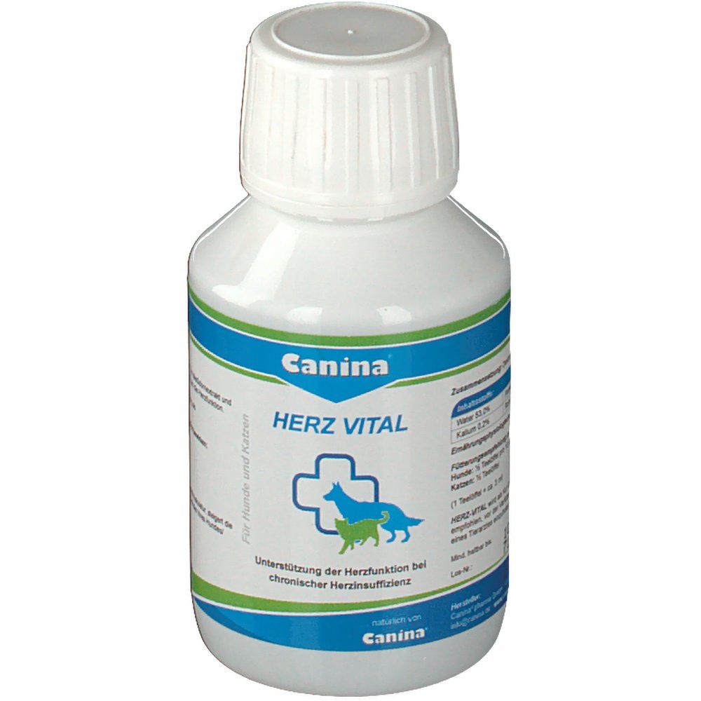 Flacon blanc avec bande bleu-vert. Inscription: Canina, HERZ VITAL, croix avec chien et chat.