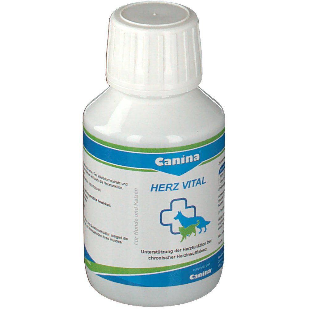 Flacon blanc avec bande bleu-vert. Inscription: Canina, HERZ VITAL, croix avec chien et chat.
