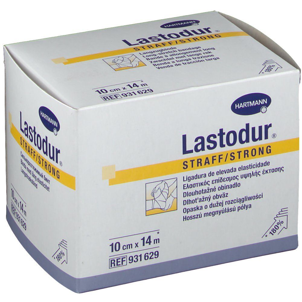 Emballage blanc avec nom du produit et indication de taille. Inscription: Lastodur Straff/Strong, 10 cm x 14 m.
