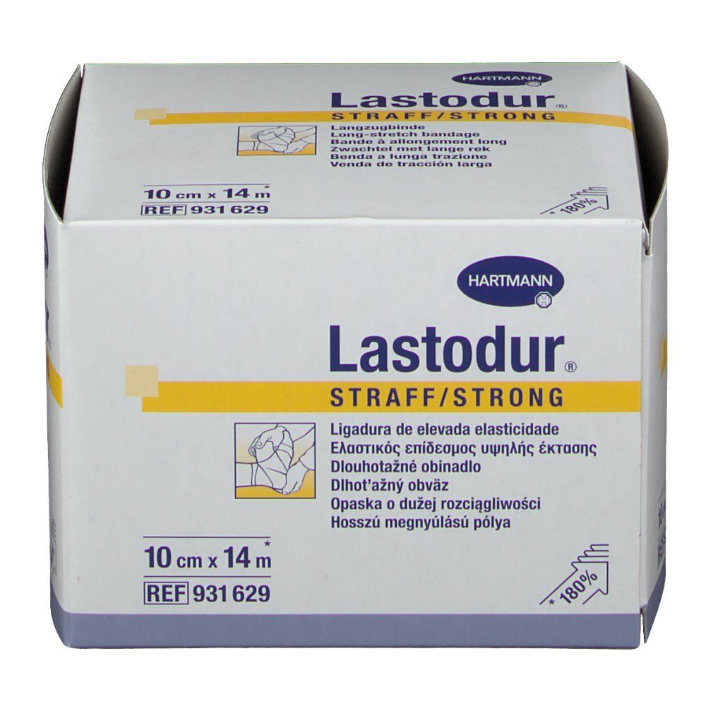 Emballage blanc avec nom du produit et indication de taille. Inscription: Lastodur Straff/Strong, 10 cm x 14 m.