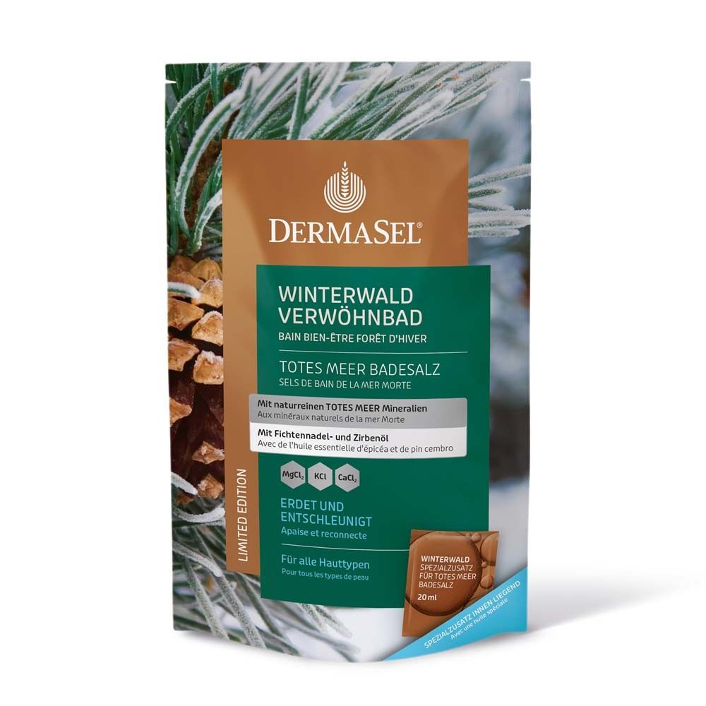 DermaSel Winterwald Verwöhnbad. Sachet de sels de bain. Emballage vert-brun avec nom du produit et ingrédients. Édition limitée.