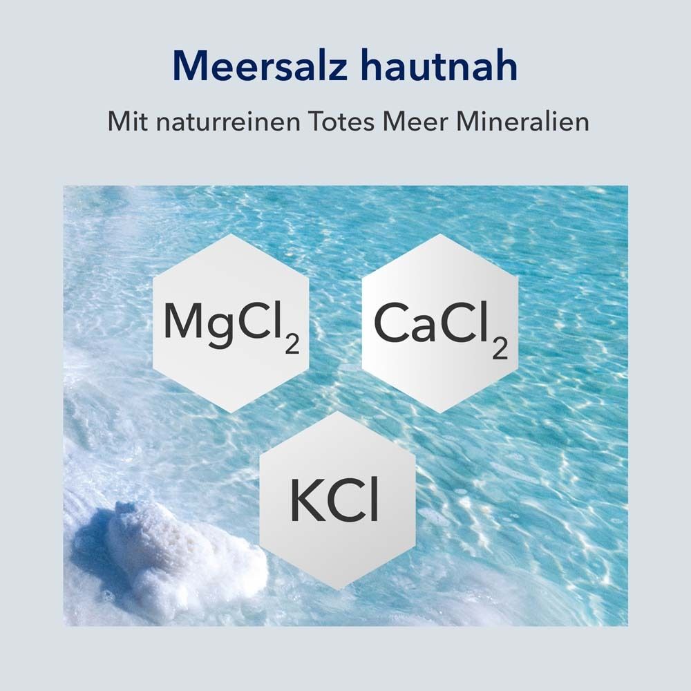 Graphique avec formules chimiques: MgCl2, CaCl2, KCl. Texte: Sel de mer au plus près de la peau. Avec minéraux naturels de la mer Morte.