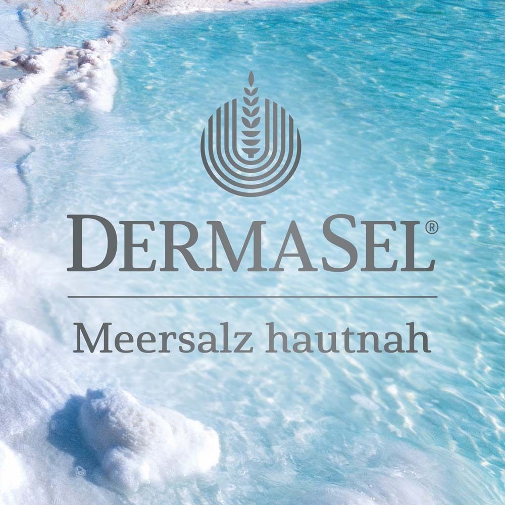 Logo DermaSel avec fond d'eau de mer. Texte : Sel marin au plus près de la peau.