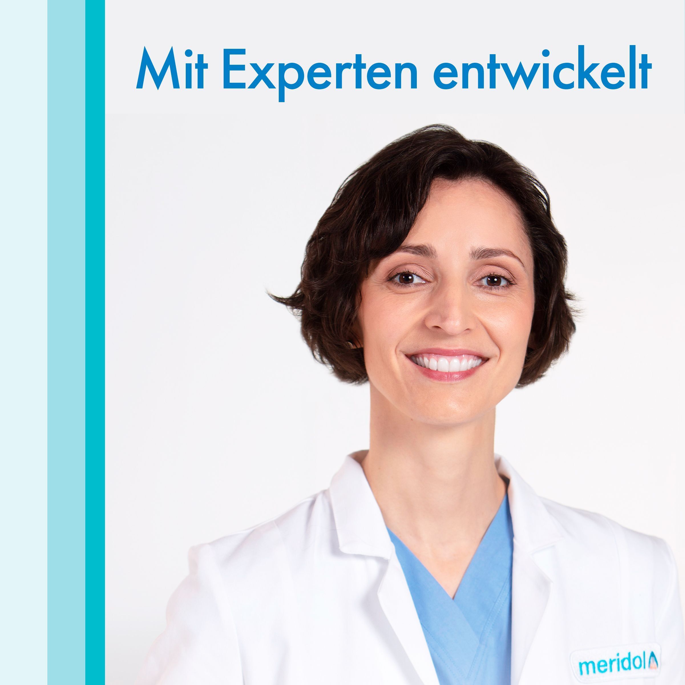Vrouw in witte jas. Tekst: Ontwikkeld met experts. Logo meridol.