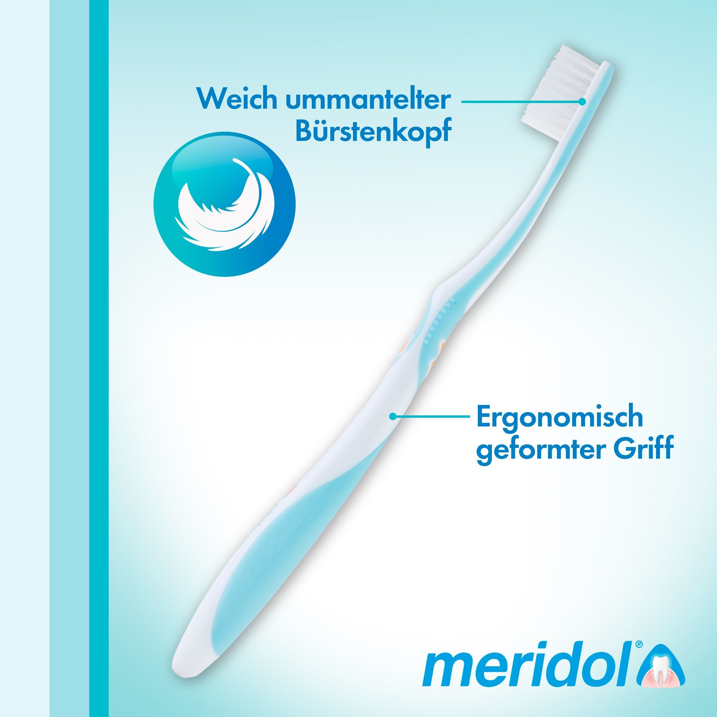 Tandenborstel met blauw handvat. Tekst: Zacht omhulde borstelkop, ergonomisch gevormde handgreep. Logo meridol.