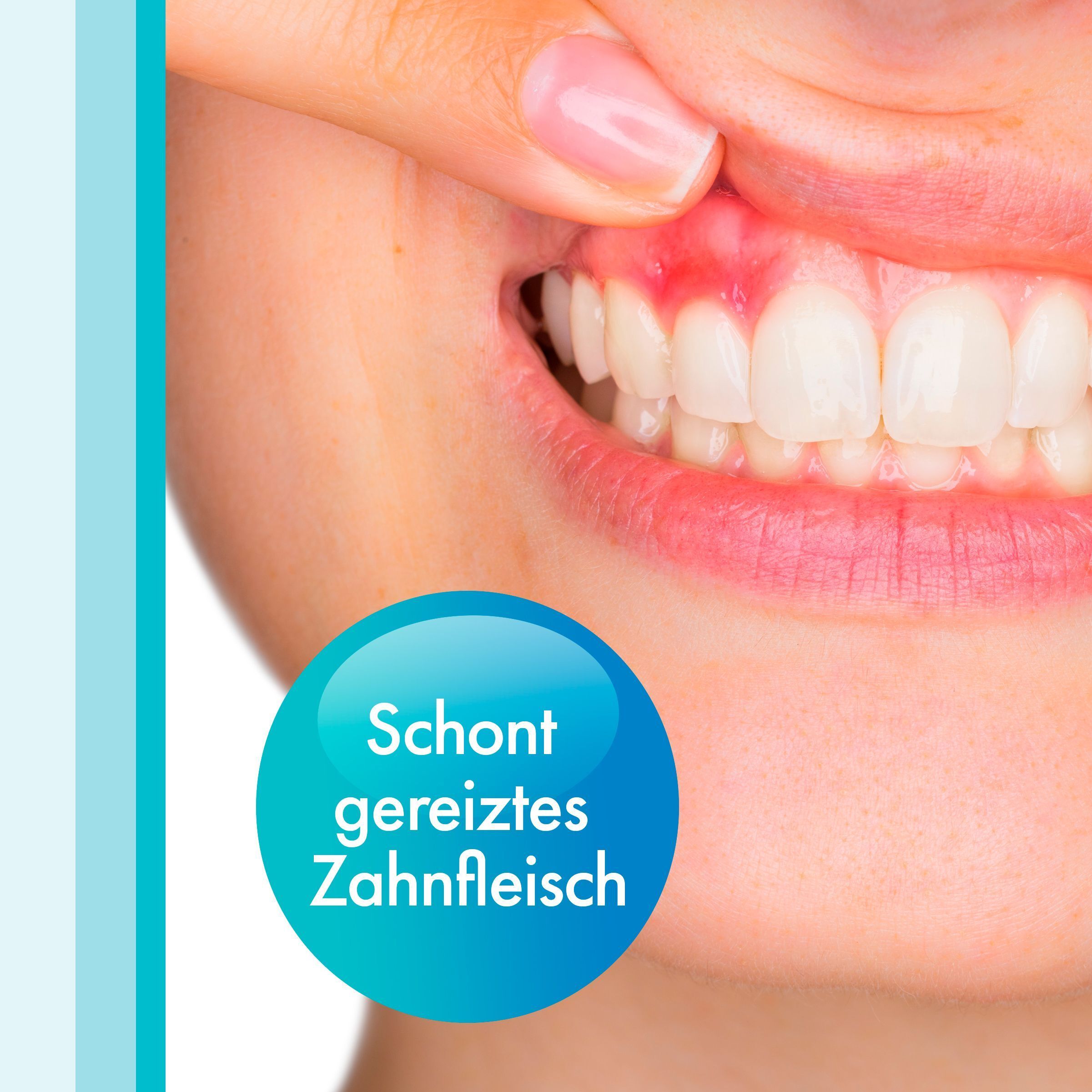 Close-up van tanden en tandvlees. Tekst: Beschermt geïrriteerd tandvlees.