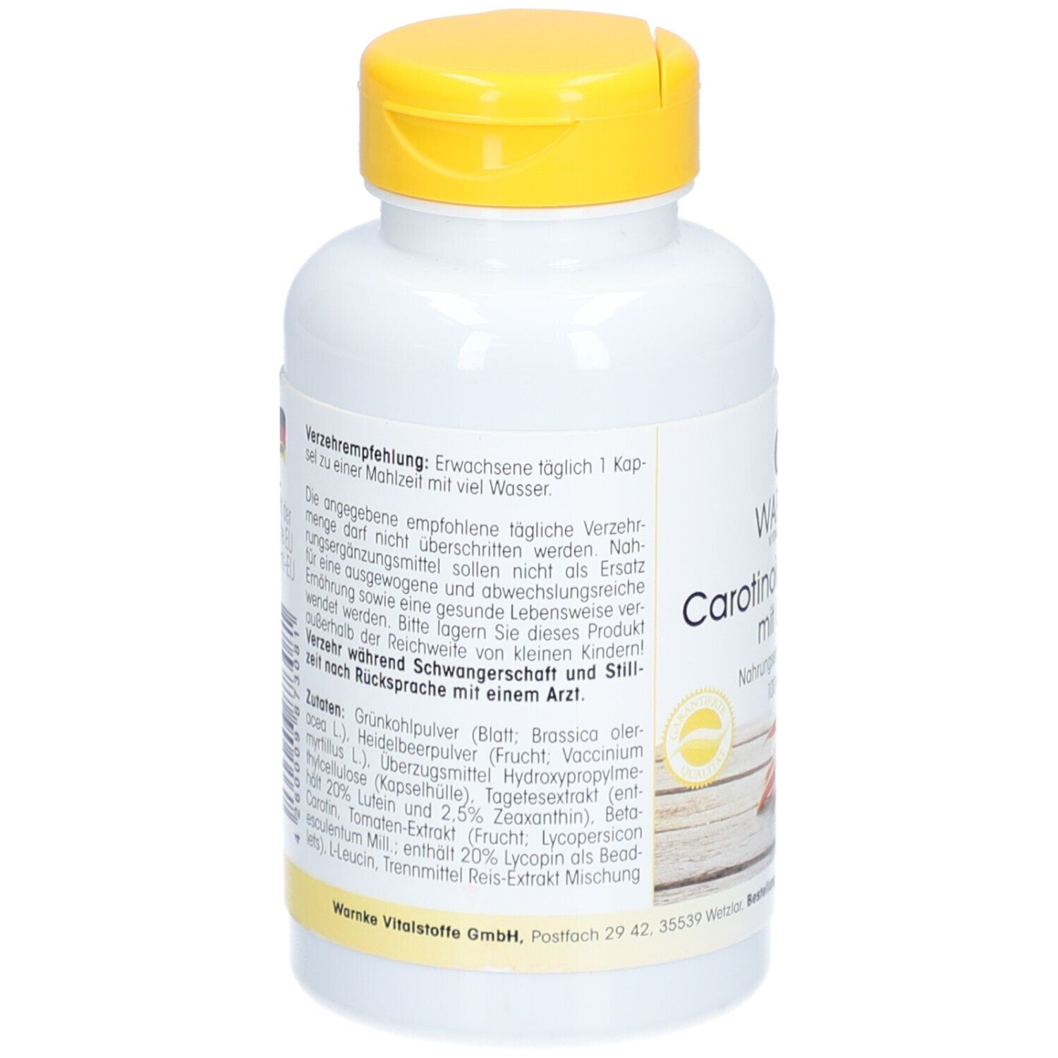 Achterkant van de witte fles met gele dop. Tekst over aanbevelingen voor gebruik en ingrediënten. Glutenvrij en lactosevrij.