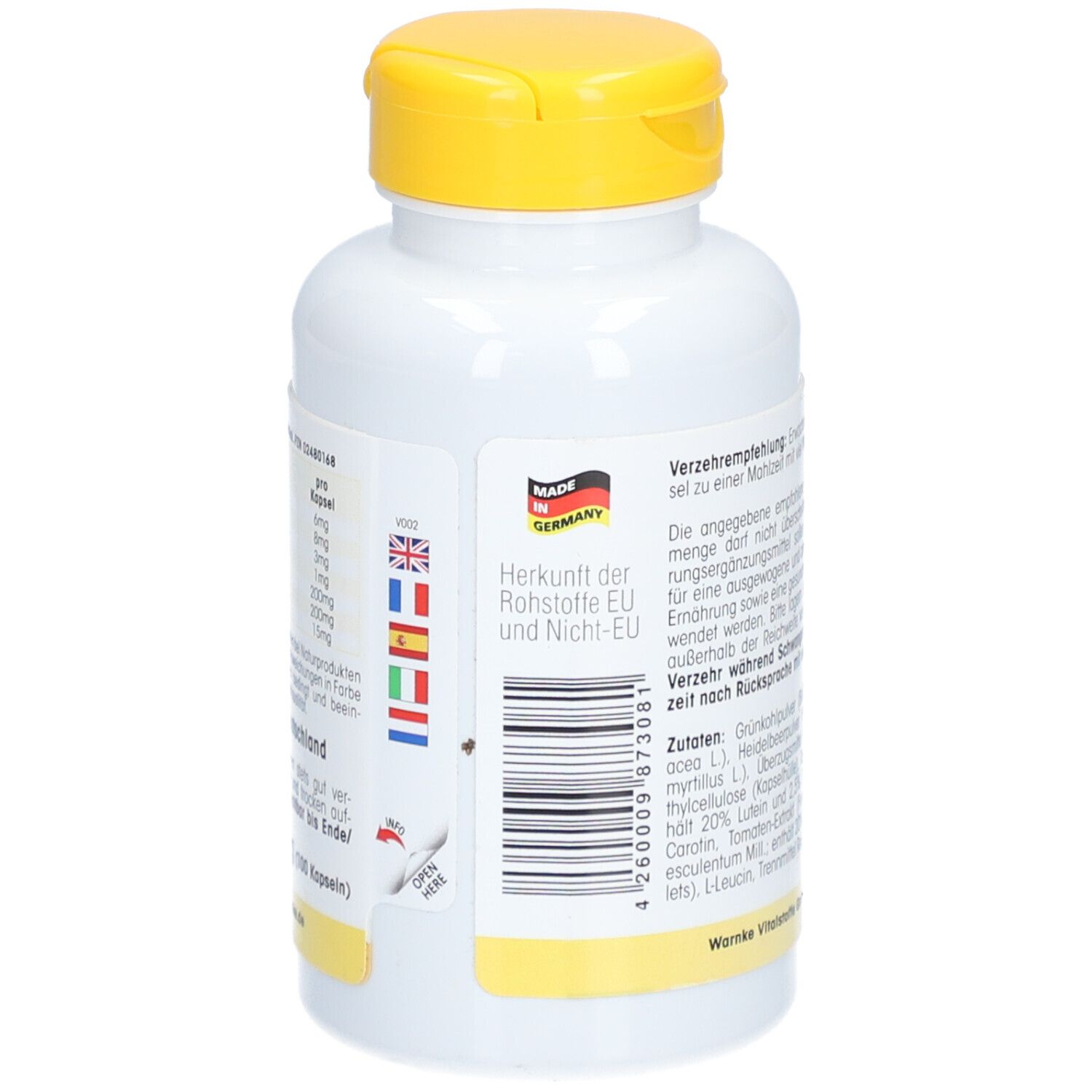 Achterkant van de witte fles met gele dop. Tekst, barcode en vlaggen. Gemaakt in Duitsland.