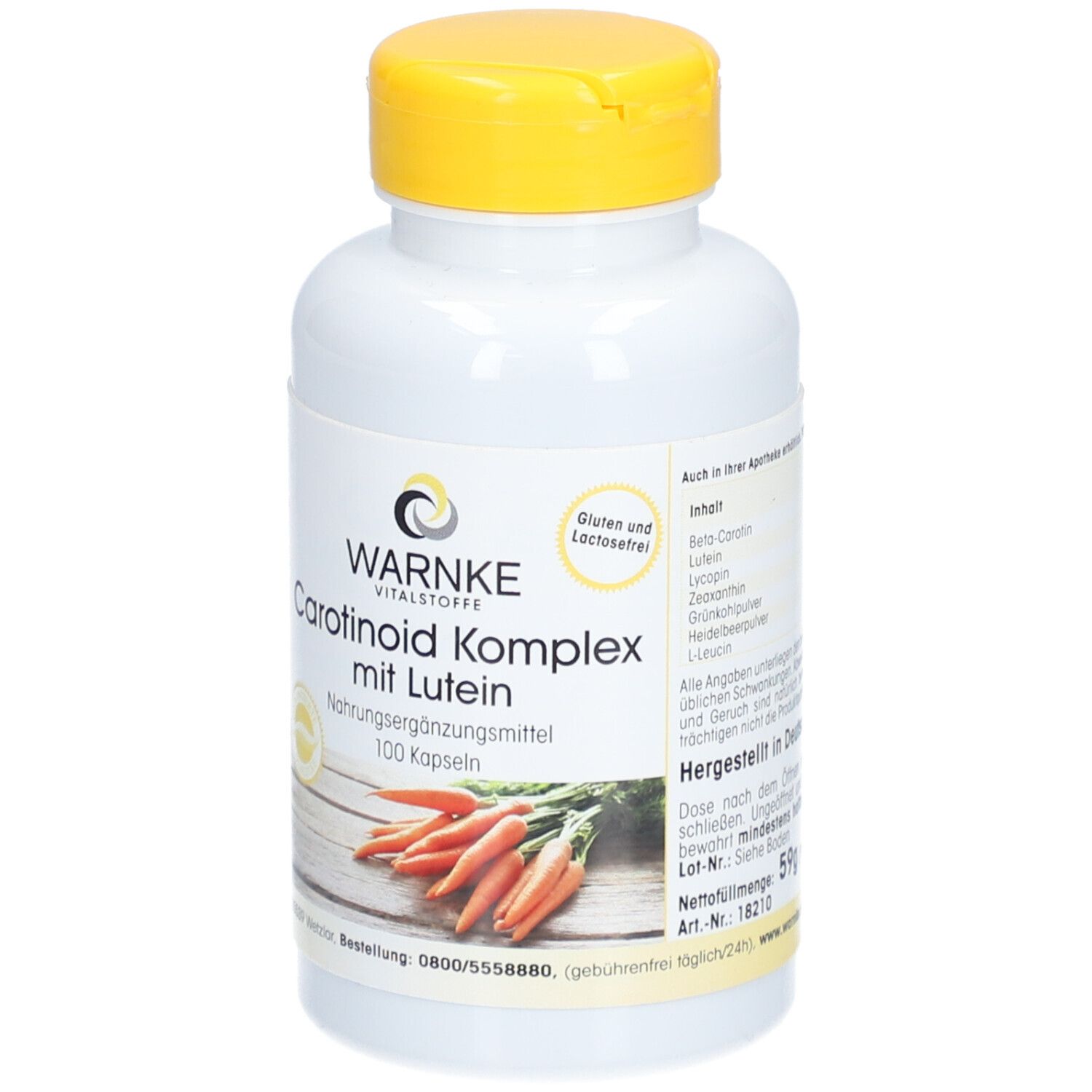 Witte fles met gele dop. Opschrift: WARNKE Vitalstoffe, Carotenoïde Komplex mit Lutein, 100 capsules. Glutenvrij en lactosevrij.