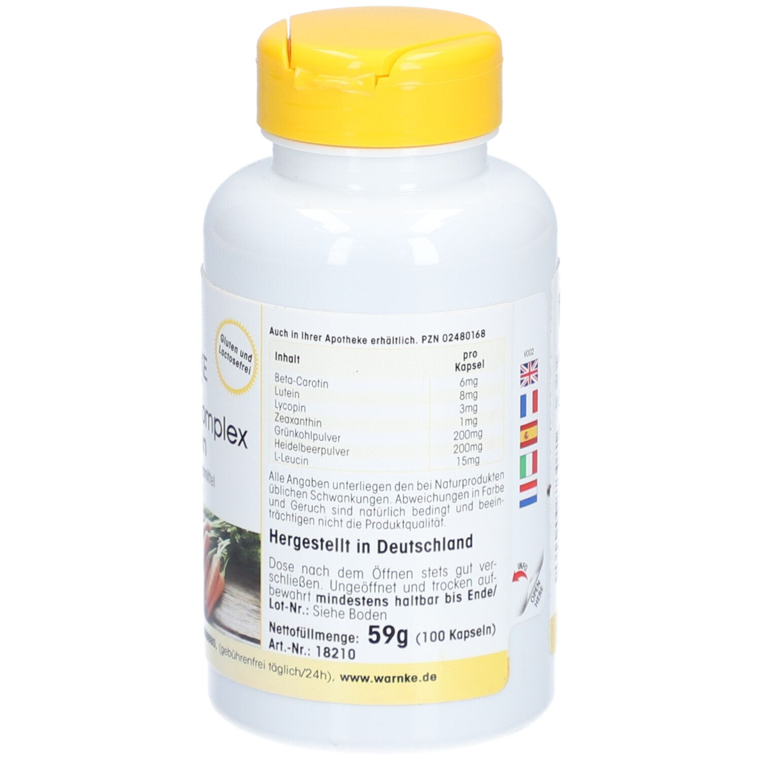 Achterkant van de witte fles met gele dop. Ingrediënten, dosering, gemaakt in Duitsland. Nettogewicht: 59g.