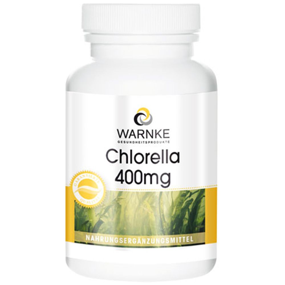 Witte fles met geel etiket. Opschrift: WARNKE Chlorella 400mg. Zegel.