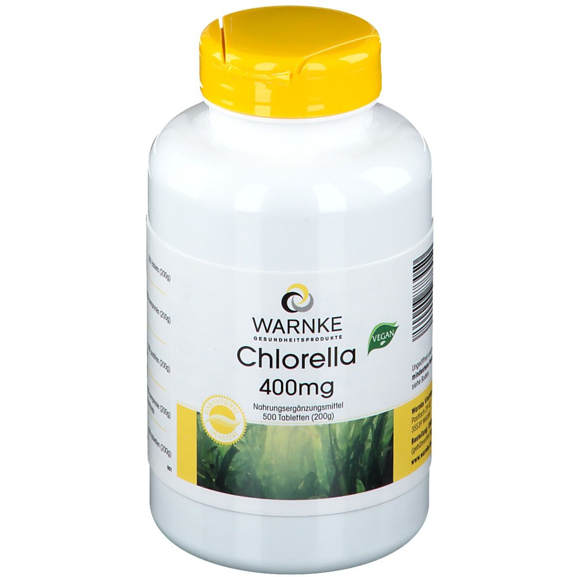 Witte fles met gele dop. Opschrift: WARNKE Chlorella 400mg. Vegan-zegel. 500 tabletten.
