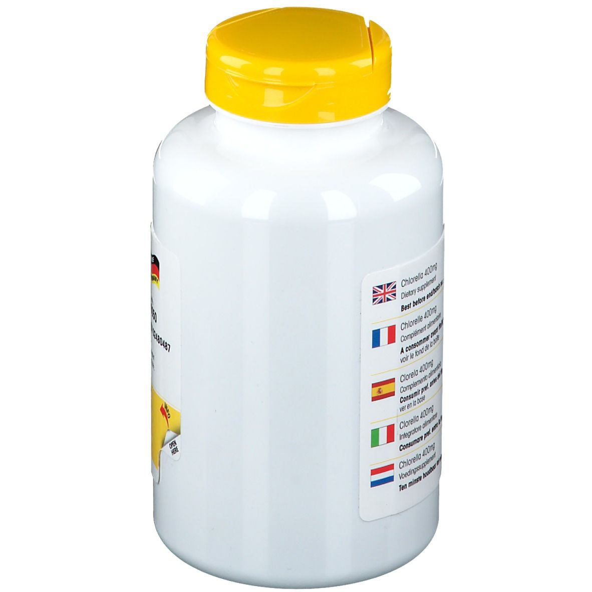 Witte fles met gele dop. Opschrift: Chlorella 400mg. Meertalige informatie. Made in Germany.