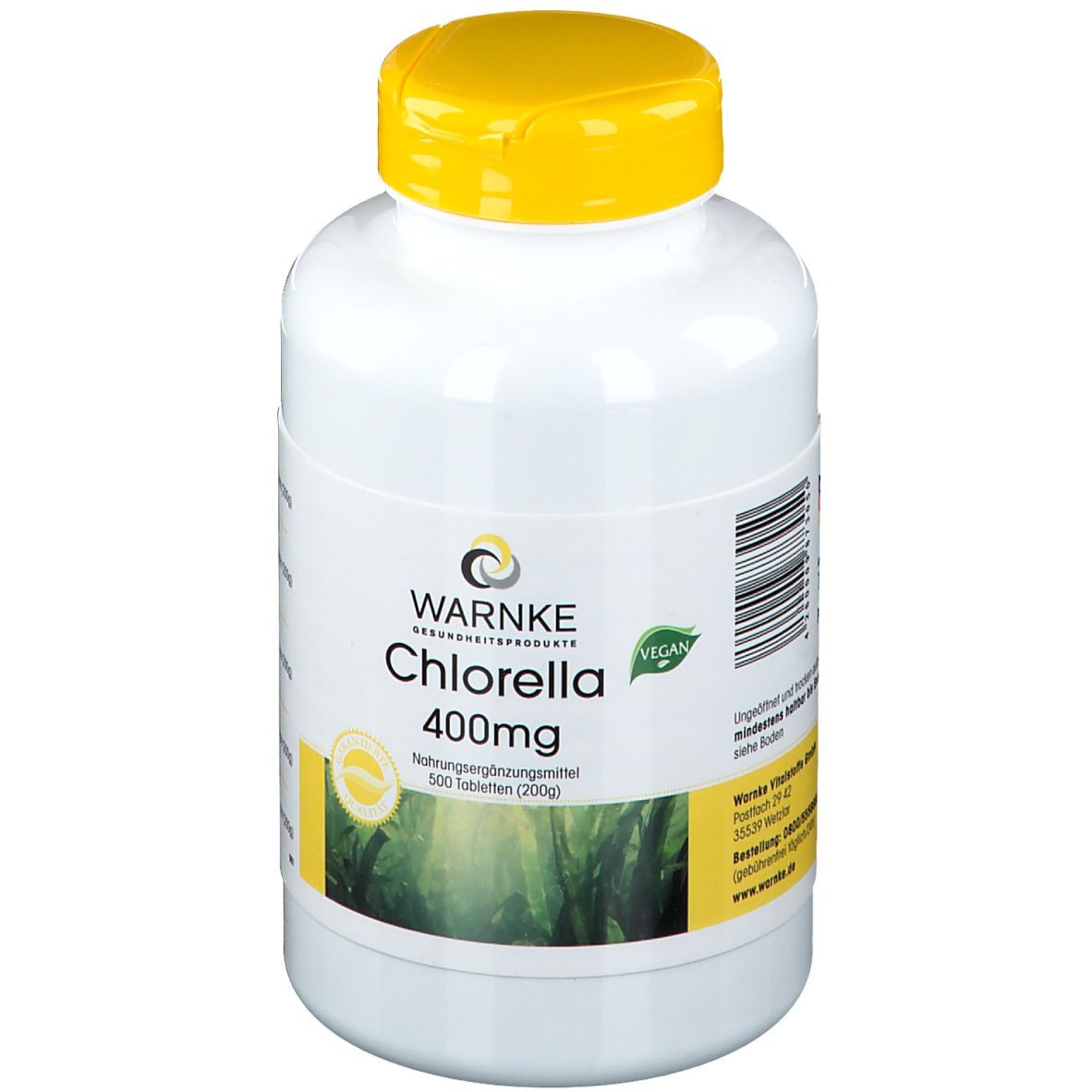 Witte fles met gele dop. Opschrift: WARNKE Chlorella 400mg. Vegan-zegel. 500 tabletten.