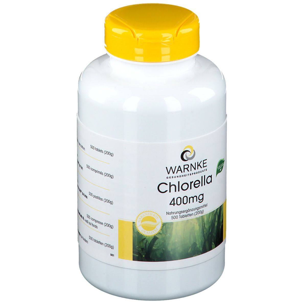 Witte fles met gele dop. Opschrift: WARNKE Chlorella 400mg. 500 tabletten. Vegan-zegel.