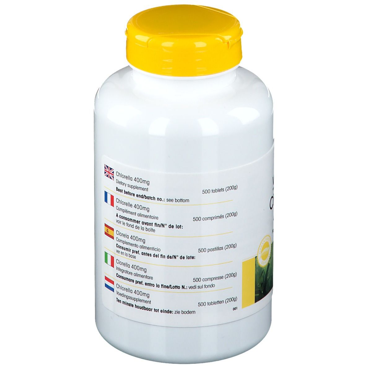 Achterkant van de witte fles met gele dop. Opschrift: Chlorella 400mg. Meertalige informatie. 500 tabletten.