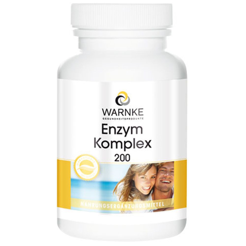 Flacon blanc avec étiquette jaune. Inscription: WARNKE Enzym Komplex 200. Image d'un couple souriant.