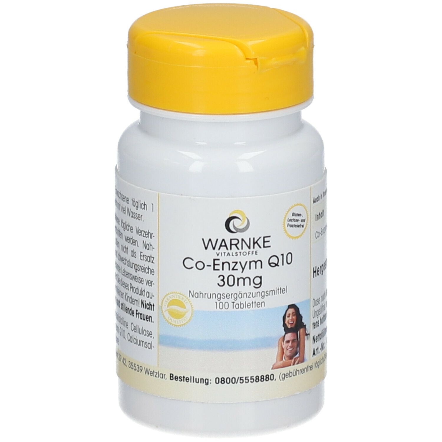 Flacon de comprimés blanc avec bouchon jaune. Inscription : WARNKE Co-Enzyme Q10 30mg. 100 comprimés. Avec logo et image.