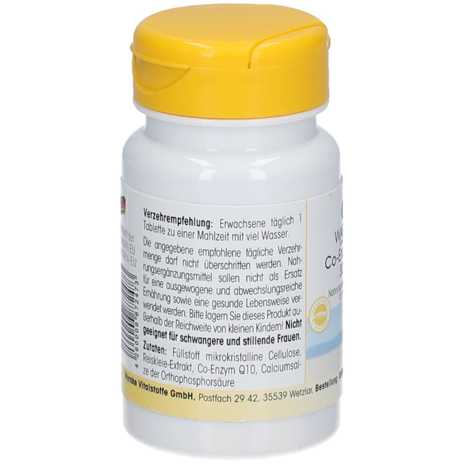 Dos de la bouteille de comprimés. Texte sur la posologie recommandée et les ingrédients. Avertissement pour les enfants. Adresse du fabricant.