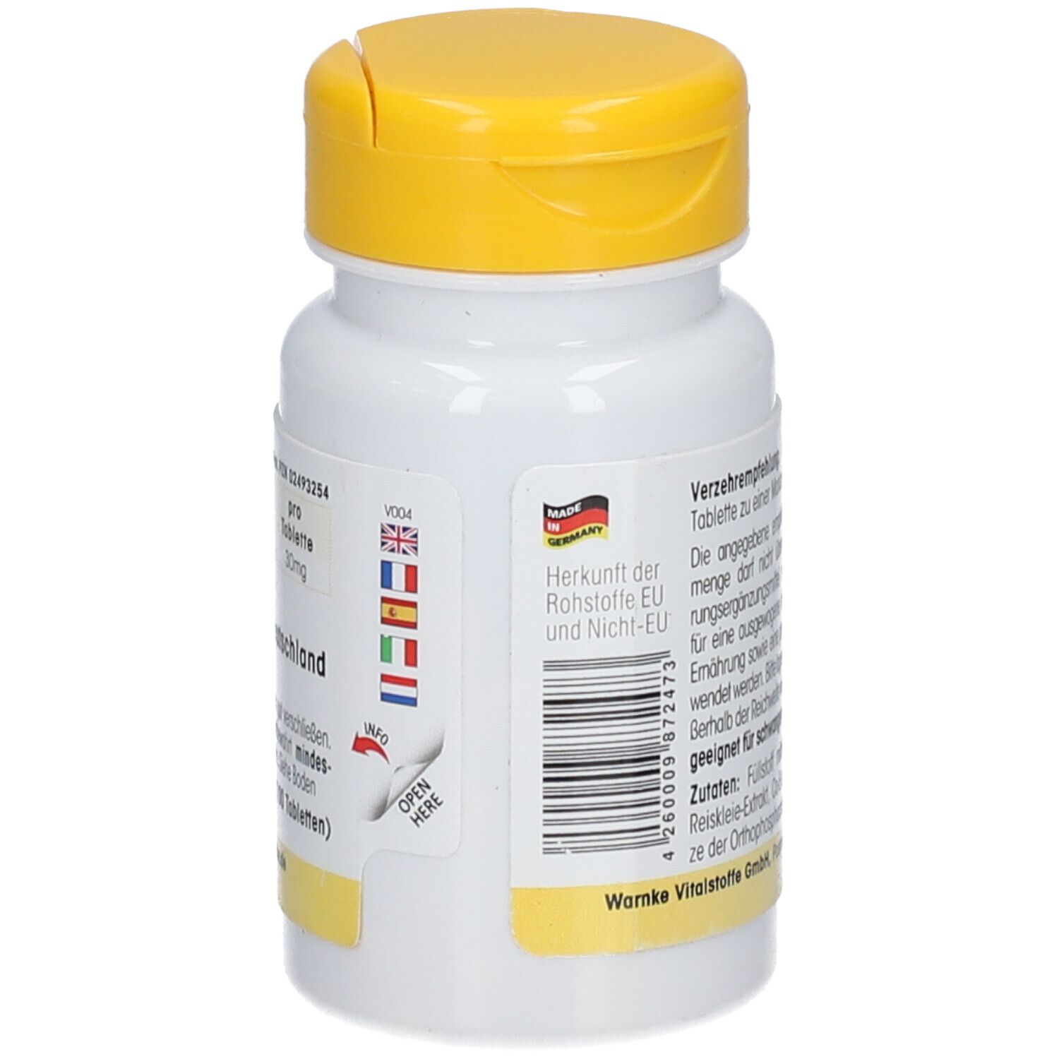 Dos de la bouteille de comprimés avec texte et drapeaux des pays de l'UE. Fabriqué en Allemagne. Code-barres et indication d'ouverture.