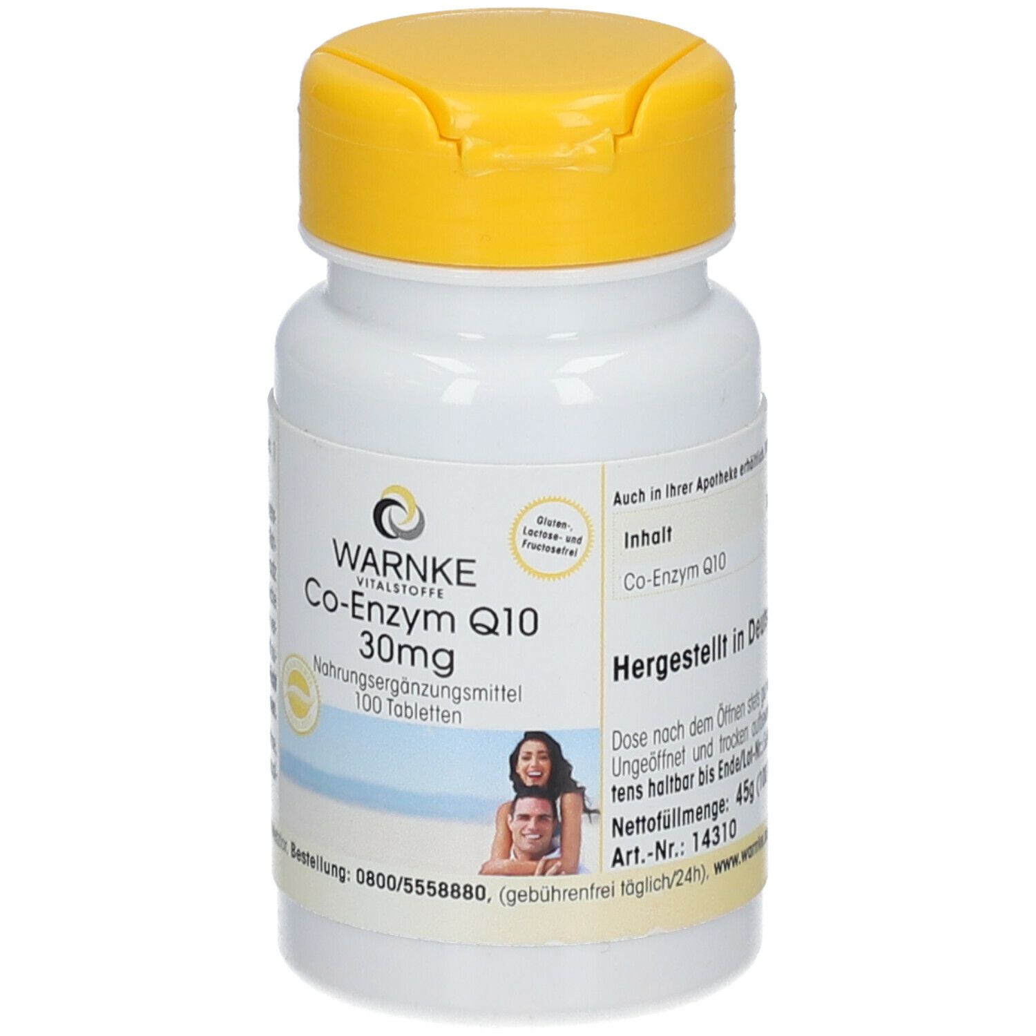 Flacon de comprimés blanc avec bouchon jaune. Inscription : WARNKE Co-Enzyme Q10 30mg. 100 comprimés. Fabriqué en Allemagne.