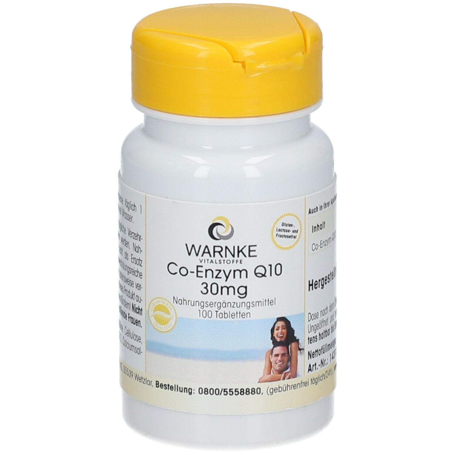 Flacon de comprimés blanc avec bouchon jaune. Inscription : WARNKE Co-Enzyme Q10 30mg. 100 comprimés. Avec logo et image.