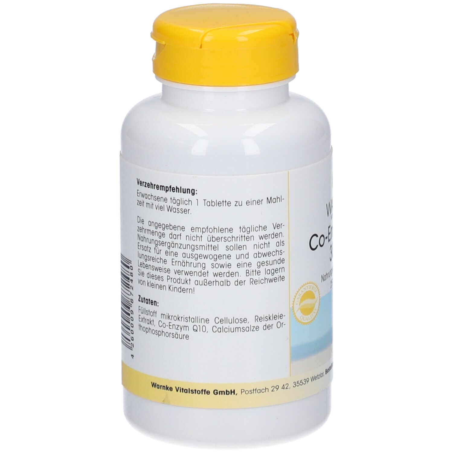 Dos du flacon blanc à bouchon jaune. Texte sur les recommandations de consommation et les ingrédients. Warnke Vitalstoffe GmbH.