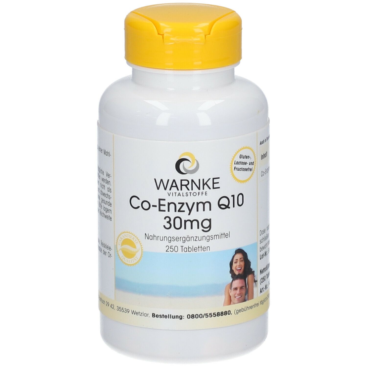 Flacon blanc à bouchon jaune. Inscription: WARNKE, Co-Enzyme Q10 30mg, 250 comprimés. Image d'un couple.