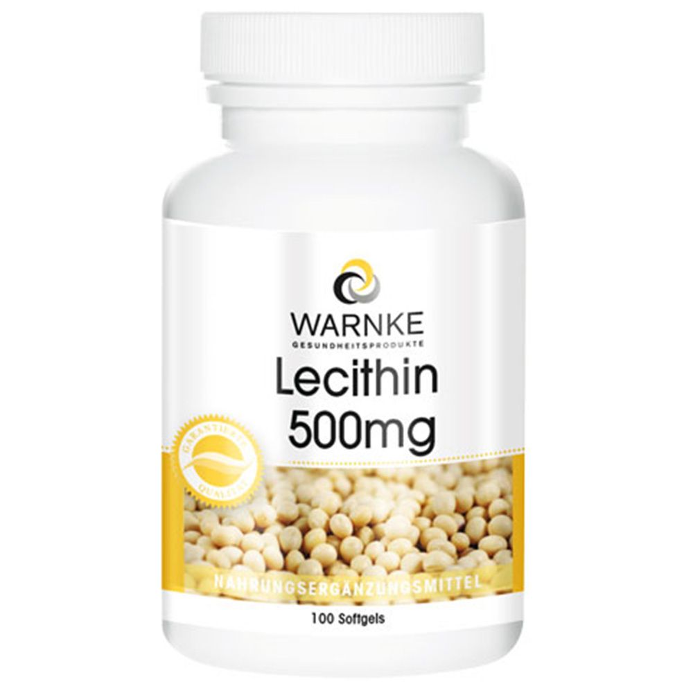 Witte fles met WARNKE Lecithin 500mg capsules. Etiket met productinfo en gele zegel.