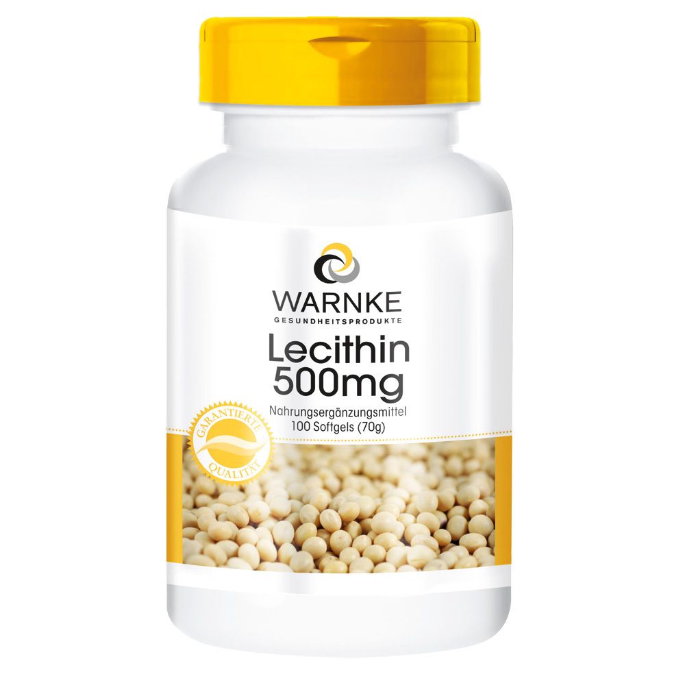 Witte fles met gele dop. Opschrift: WARNKE Lecithin 500mg. Capsules zichtbaar. Kwaliteitslogo.