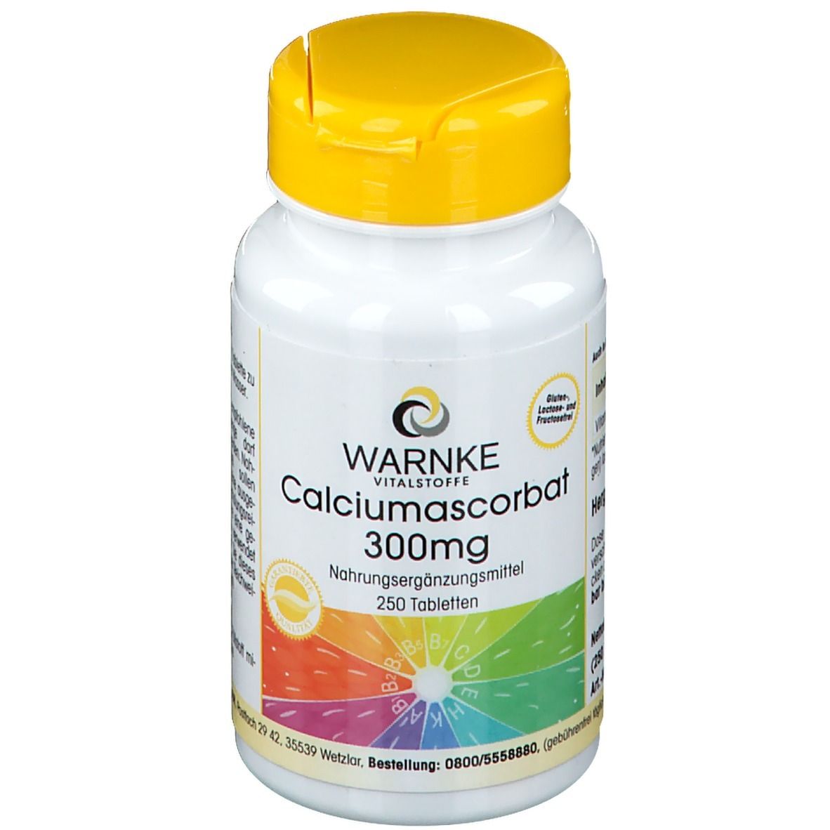 Witte fles met gele dop. Opschrift: WARNKE Calciumascorbat 300mg. 250 tabletten. Voedingssupplement.