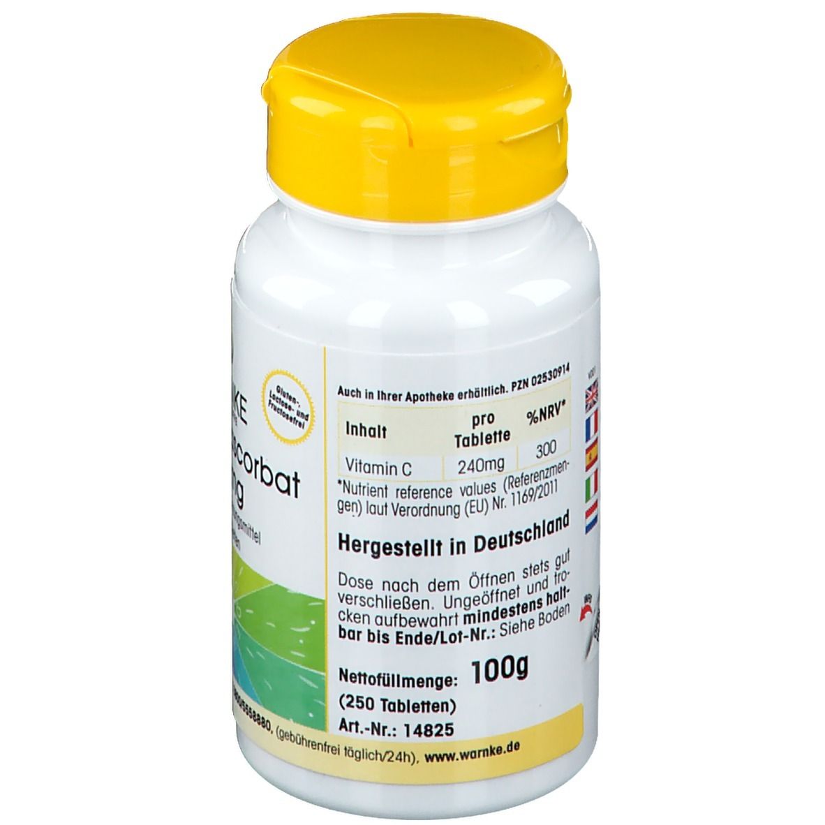 Achterkant van witte fles met gele dop. Informatie over ingrediënten en voedingswaarde. Gemaakt in Duitsland. 100g.