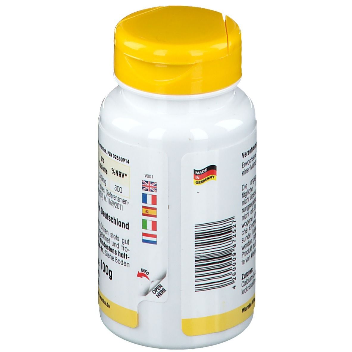 Achterkant van witte fles met gele dop. Informatie over ingrediënten en voedingswaarde. Gemaakt in Duitsland. 100g.