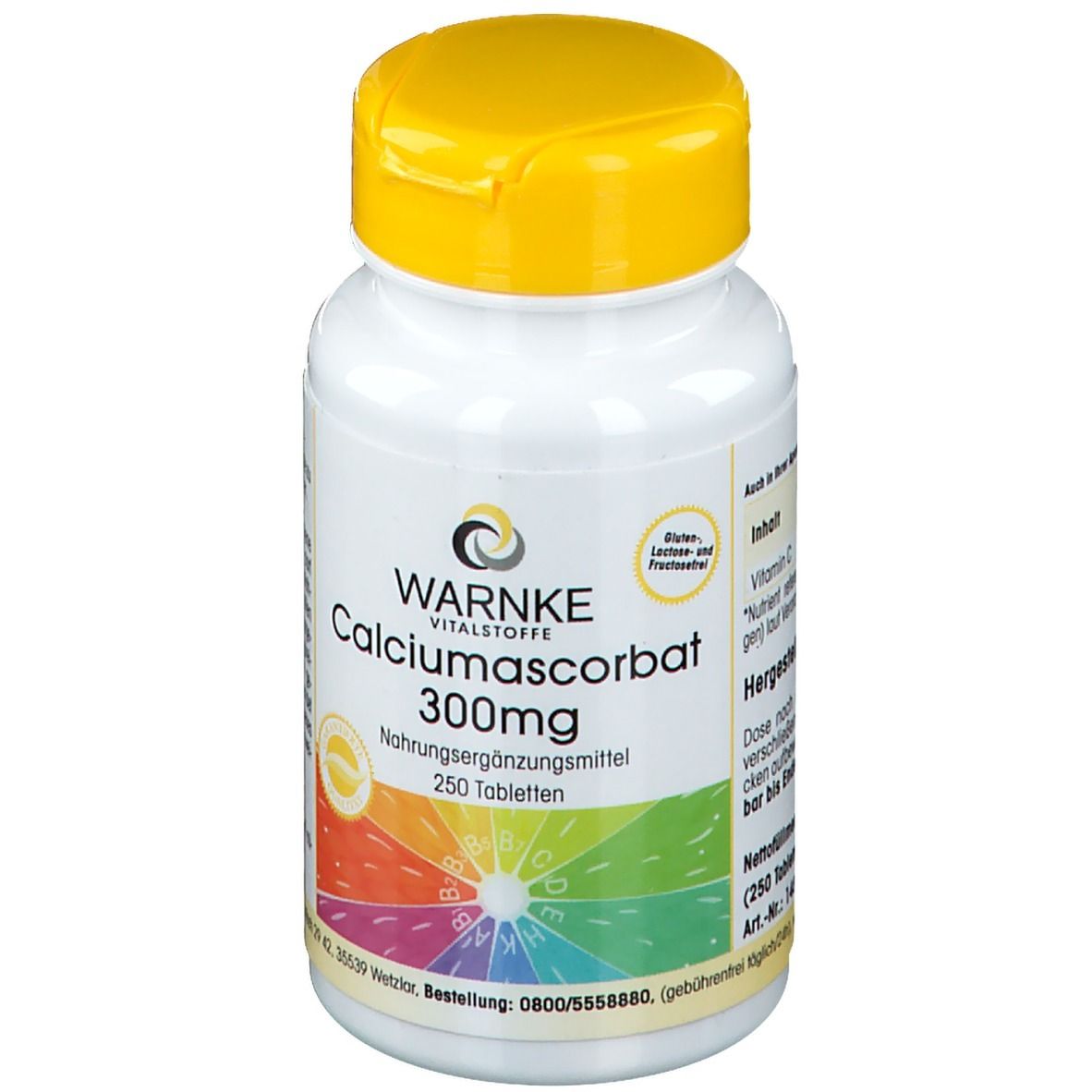 Witte fles met gele dop. Opschrift: WARNKE Calciumascorbat 300mg. 250 tabletten. Voedingssupplement.