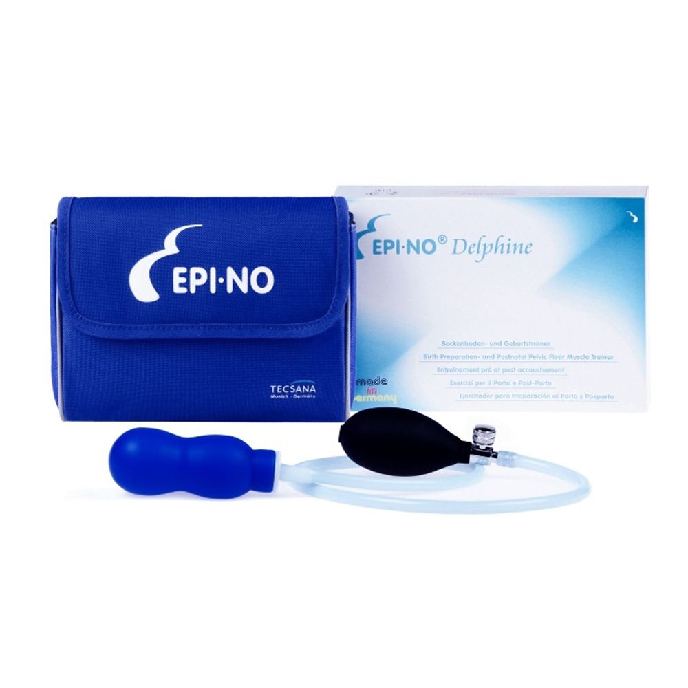 Blauwe etui en verpakking met EPI-NO® Delphine Plus. Bevat een meter, pomp en zwarte peer.