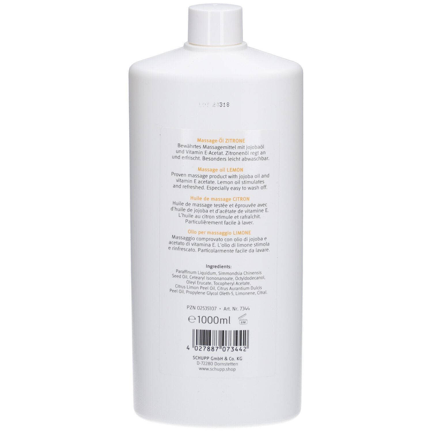 Witte fles met etiket. Achterkant met productinformatie en ingrediënten.