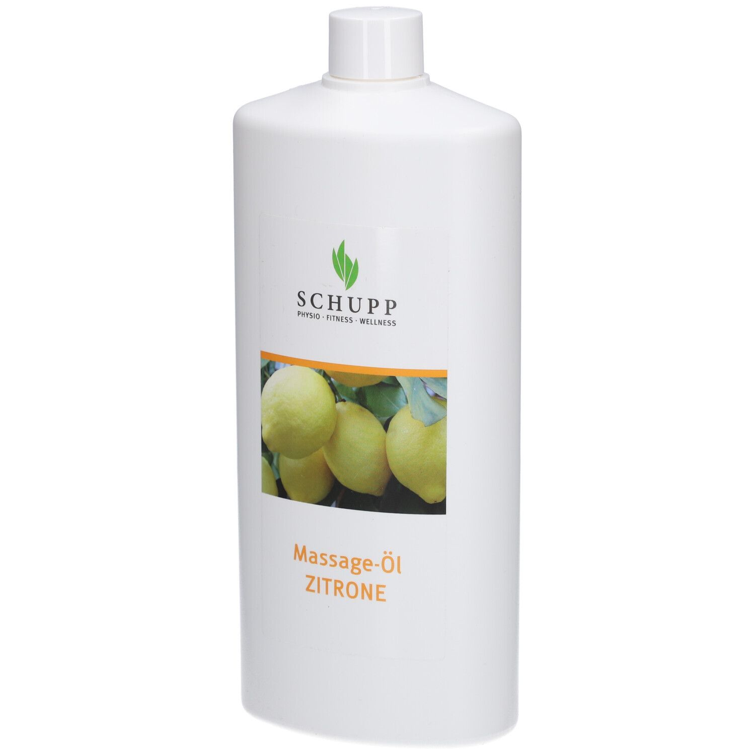Witte fles met etiket. Op etiket: Schupp logo, citroenen afbeelding, Massage-Öl Zitrone.