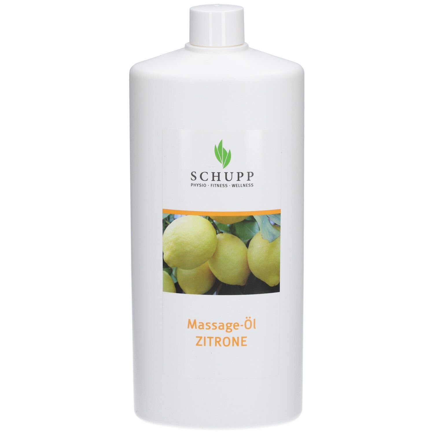Witte fles met etiket. Op etiket: Schupp logo, citroenen afbeelding, Massage-Öl Zitrone.