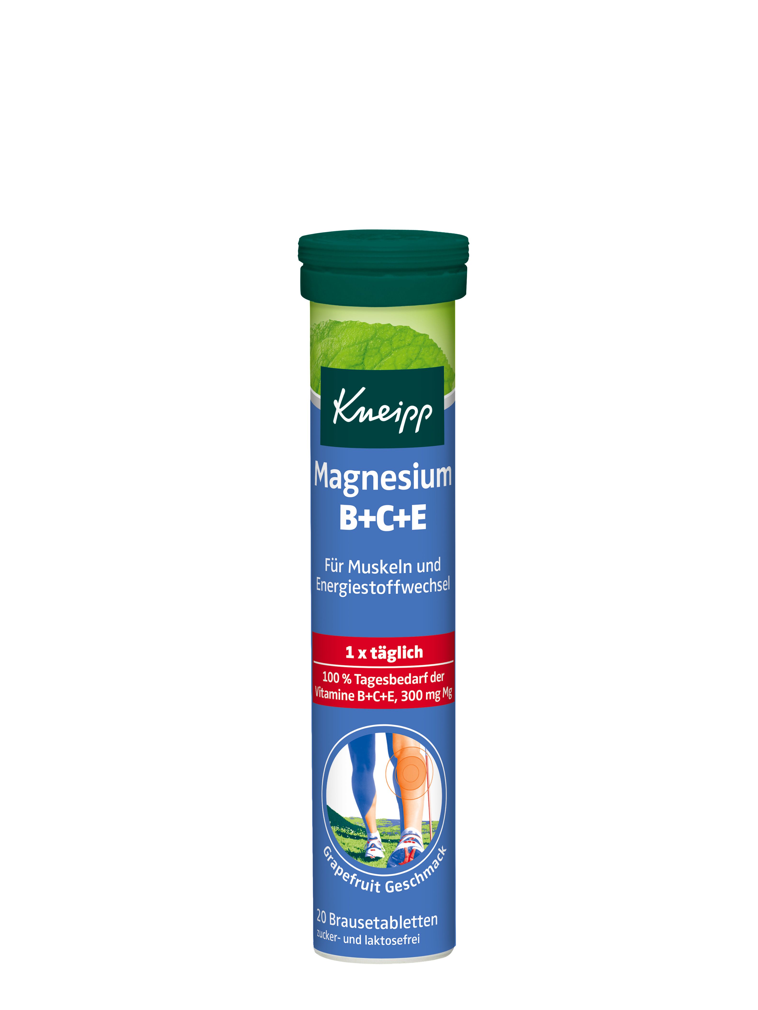 Buis met 20 bruistabletten Kneipp Magnesium B+C+E, grapefruitsmaak.