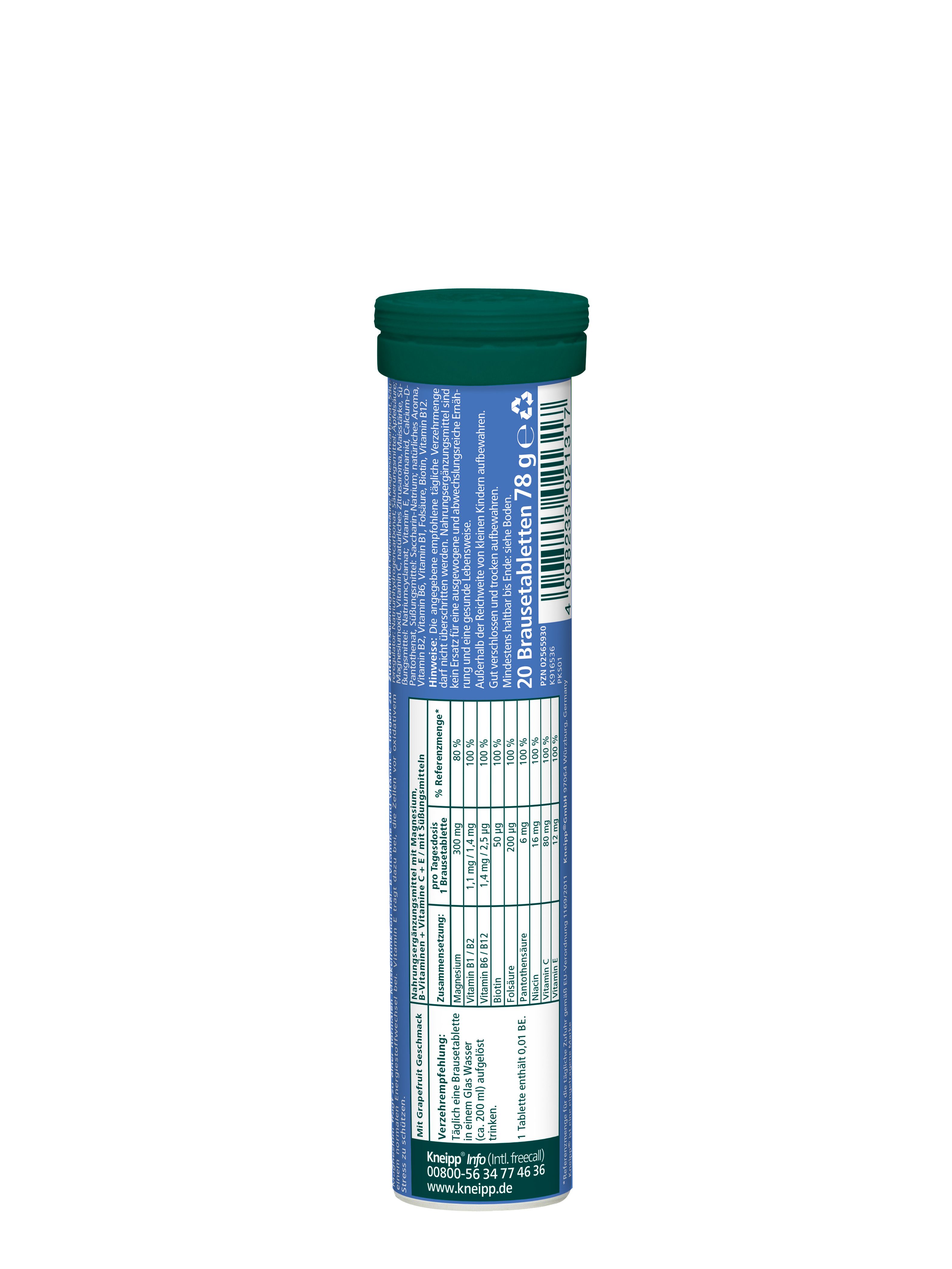 Achterkant van de buis met voedingswaarden en ingrediënten voor Kneipp Magnesium B+C+E.